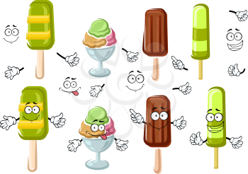 Joyful ice cream cartoon characters with chocolate ice cream bar, colorful sundae dessert and green fruity popsicles on sticks. Isolated on white for dessert menu design