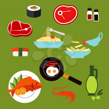 Healthy food flat icons of sushi roll and nigiri, pasta and spaghetti with sauce, raw beef steaks, grilled fish, shrimp, fried eggs with sausages, olive oil bottle, salt and pepper 