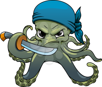 Angry octopus pirate cartoon character in blue bandanna, holding sword in curved dangerous tentacles