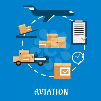 Air cargo and logistics flat icons with airplane, conveyor, cardboard boxes with packaging symbols, airport truck, clock and clip board with order list with caption Aviation below