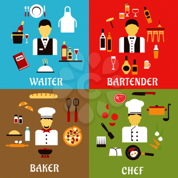 Chef, baker, waiter and bartender professions flat icons with workers of food service industry in professional uniform,  with food and drink symbols