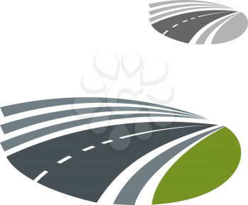 Modern speed highway road pass icon or symbol among green rural fields. For transportation or travel theme design 