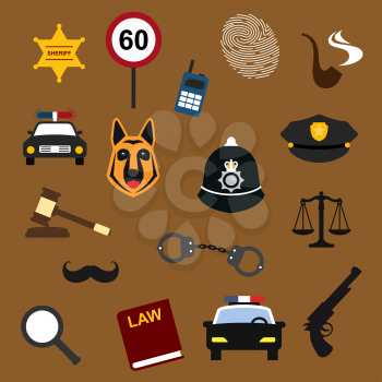 Police, law and justice flat icons with handcuff, car, lawbook, sheriff star badge, officer peaked caps, fingerprint, speed limit sign, judge gavel, radio receiver, scales, magnifier, smoking pipe, mo