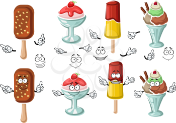 Delicious cartoon ice cream with chocolate and nuts, fruity popsicle and sundae desserts in bowls with berry sauce and fresh strawberry characters, for dessert menu design