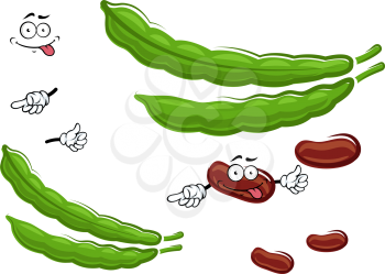 Dry brown cartoon funny kidney beans vegetable characters with fresh green pods, for agriculture or vegetarian healthy food design