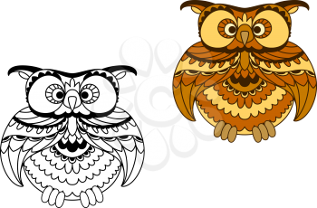 Cute brown owl bird cartoon character with striped plumage in retro style with colorless outline variant, for education or childish design 
