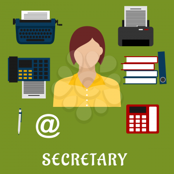 Secretary or assistant profession flat icons with telephone, fax, stack of folders with documents, pen, printer, mail symbol, typewriter and elegant young woman