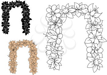 Lowercase vintage letter n, composed of vintage decorative daisies, cornflowers and narcissuses. Isolated on white