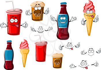 Happy cartoon coffee and soda beverages in takeaway paper cups, strawberry ice cream cone and bottle of soft drink, for fast food or dessert design