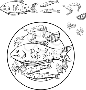 Fish and shrimps with fresh lemon slice and parsley leaves served on a plate. Sketch of seafood dish for menu or cooking recipe book design 