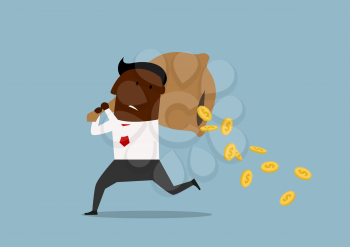 Cartoon african american businessman running with money bag on his shoulders and losing golden coins that poured out from a hole in the bag
