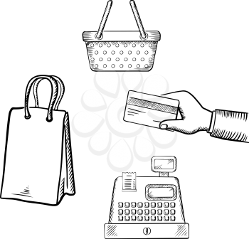 Shopping basket or cart, paper bag, hand with credit card and cash register sketch icons