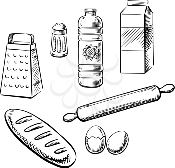Bakery ingredients and kitchen utensil with milk pack, bottle of sunflower oil, eggs, salt, grater, rolling pin and long loaf of bread. Sketch icons for recipe book or baking theme design