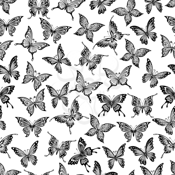 Seamless pattern with  black flying butterflies on white background, for wallpaper or textile design