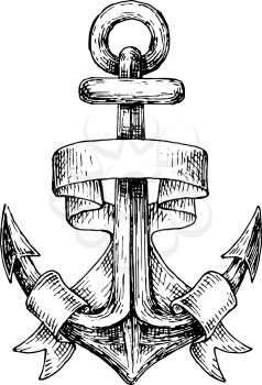 Retro nautical anchor with heavy ring on the top, decorated by wavy ribbon, for marine heraldry or emblem design Sketch