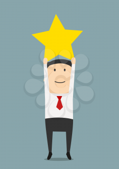 Cheerful businessman reaching up to get a golden star trophy, for goal achievement or award concept. Cartoon style