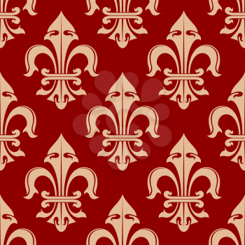 Seamless royal french fleur-de-lis floral pattern with beige lily flowers on red background, for heraldry theme or wallpaper design 