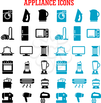 Home appliance icons with microwave, vacuum, iron, refrigerator, toaster, tv set, washing and sewing machines, blender, mixer, fan, stove, kettle, air conditioner, telephone, steamer and cooker hood