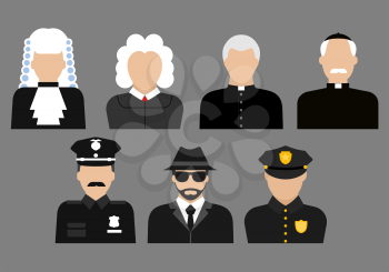 Profession flat avatars or icons with judges in wig and gown, priests, policeman officers in uniform and detective in hat and coat