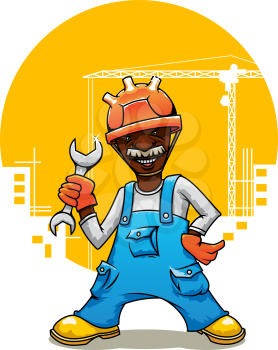 Happy mature african american builder cartoon character in orange hard hat and blue overalls with spanner in hand. Construction site on the background