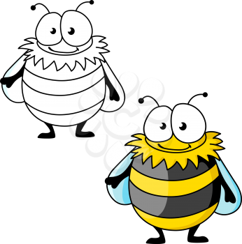 Funny plump bumblebee cartoon character with yellow and black furry strips. Isolated on white, with outline version