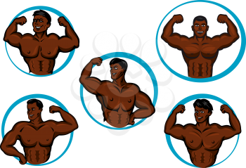 Healthy african american sportsmen bodybuilders cartoon characters posing for showing their strong biceps, triceps and abdominal muscles, for sporting competition or gym emblem design