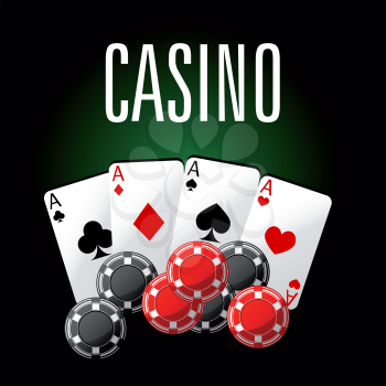 Casino club luxury symbol of four aces poker with red and black gambling chips, for game industry or gambling theme