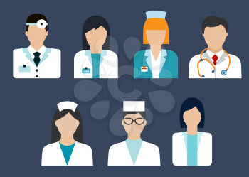 Flat icons of medical professions with doctor, therapist, surgeon, dentist, pharmacist and nurse avatars