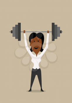 Cartoon successful african american businesswoman easily lifted and holding heavy barbell above head, for business achievement or leadership concept design