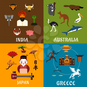 Culture, history, landmarks and nature of India, Greece, Japan and Australia. Flat travel icons with native and sacred animals, ancient architecture, mythology and traditions