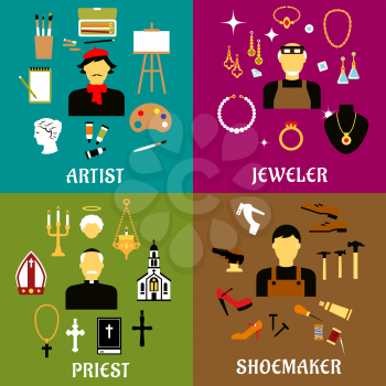 Jeweler, shoemaker, artist and priest profession flat icons set with men in professional uniforms with tools, religion, art and craft symbols