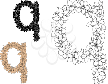 Decorative letter q of floral alphabet, composed of blooming flowers in outline colorless, black and brown variation. For romantic font or monogram design