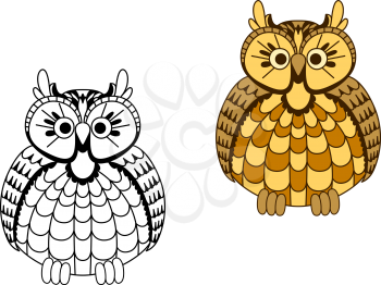 Old wise cartoon eagle owl bird with mottled yellow and orange rounded body and brown wings