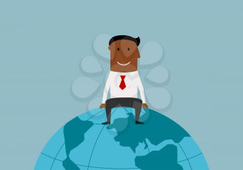 Cartoon happy smiling successful african american businessman sitting on the earth globe, for international business or global market concept design