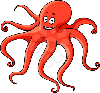 Friendly red ocean octopus cartoon character with long wavy tentacles and happy face. Marine adventure or underwater wildlife theme design