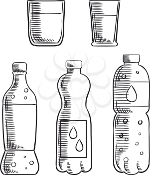 Sweet soft drink, non-carbonated and carbonated mineral water in plastic bottles and two glasses sketch icons. For drink and beverage design