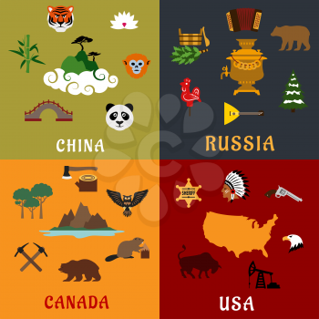 USA, China, Russia and Canada travel concept with nature landmarks, rare animals, historical and national industry flat icons