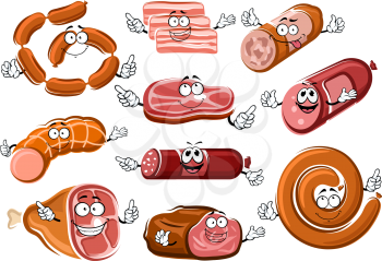 Cartoon sausages, bacon, beef steak, roast beef, salami, pepperoni and bologna characters with happy faces. For butcher shop or meat food theme