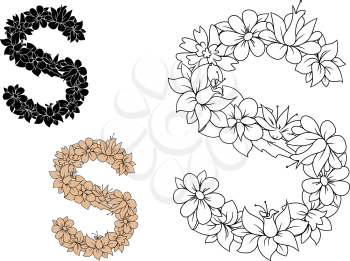 Capital letter S, composed with pattern of flowers and leaves in outline colorless, black and brown variations. Retro alphabet and font element