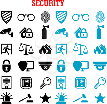 Security and safety flat icons set with web security shields, padlock, key, safe, video surveillance, fire security, patent, justice scales, handcuffs, fingerprint, extinguisher and sheriff star