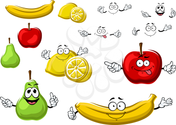 Bright red apple, juicy yellow lemon, sunny banana and green pear fruits cartoon characters with funny faces, for healthy food or agriculture design