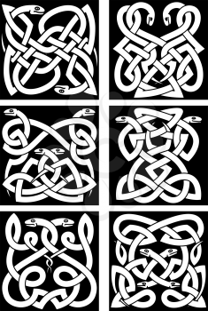Celtic snakes knot patterns with intertwined reptiles and tribal ornament. Medieval embellishment or tattoo design elements