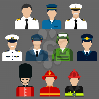 Flat icons of professions avatars of firefighter, soldier, pilot , security and ship captain with men in professional uniform and caps