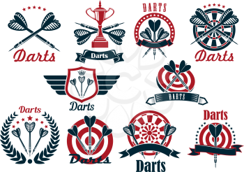Darts tournament symbols and icons with dartboards, arrows and trophy bowls, decorated by crowned heraldic shield with wings, laurel wreath, ribbon banners and stars