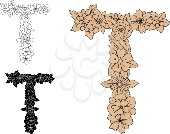 Floral alphabet letter T in uppercase font with decorative flowers in brown, colorless and black color variations