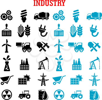 Industry and energy flat icons with oil pump and barrel, refinery factory and tractor, corn, wheat, radiation, solar panel and gears, fuel and forklift trucks, light bulb and shovel, wind turbine and 