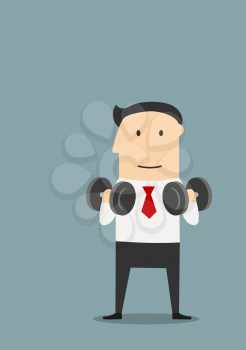 Smiling cartoon businessman doing exercises with dumbbells. Healthy lifestyle or success concept design