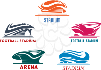 Bright colorful sporting stadiums or arenas icons for football or soccer, rugby, baseball and basketball competitions or trainings. Isolated background
