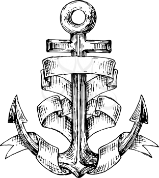 Vintage marine anchor wrapped by wide forked ribbon. For nautical and marine heraldry design. Sketch image