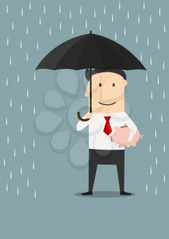 Cartoon smiling businessman protecting piggy bank with open umbrella. Financial risk, saving or crisis concept design